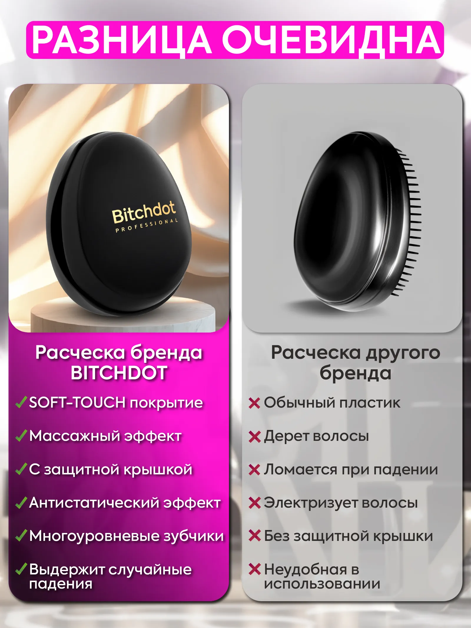 Расческа массажная компактная с крышкой Soft-touch — фото 2